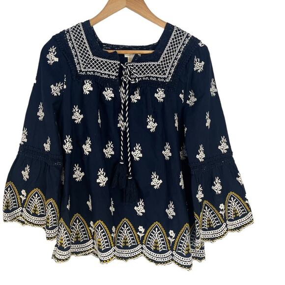 Shoshanna Calah 100% Cotton Boho Embroidered Peasant Top Blouse Navy White XS - Picture 4 of 10